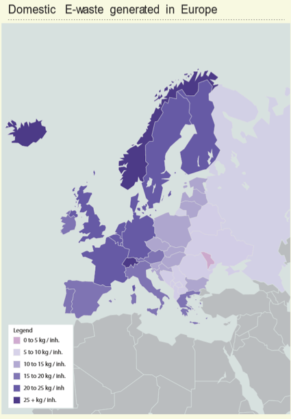 A keletkező háztartási e-hulladékmennyiség Európában térkép.